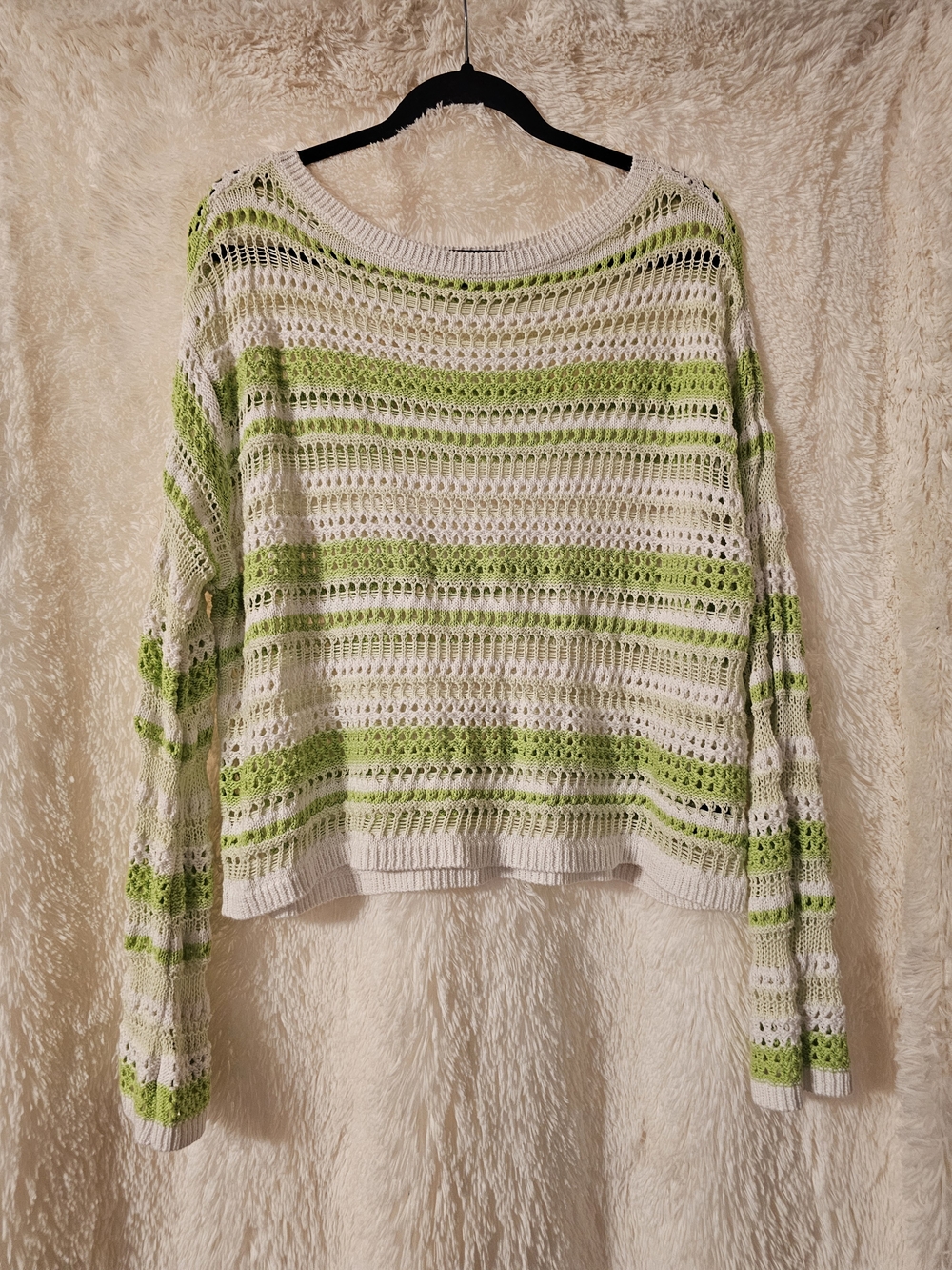 torrid BNWOT White and Lime Green Open-Knit Crewneck Sweater With Bell Sleeves